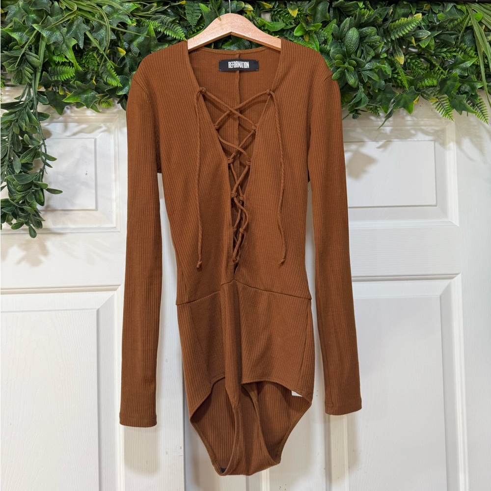 Reformation Avalon Ribbed Lace Up Bodysuit Cocoa Brown XS